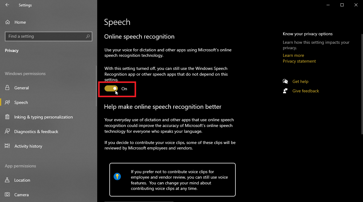 online speech recognition setting in Windows 10