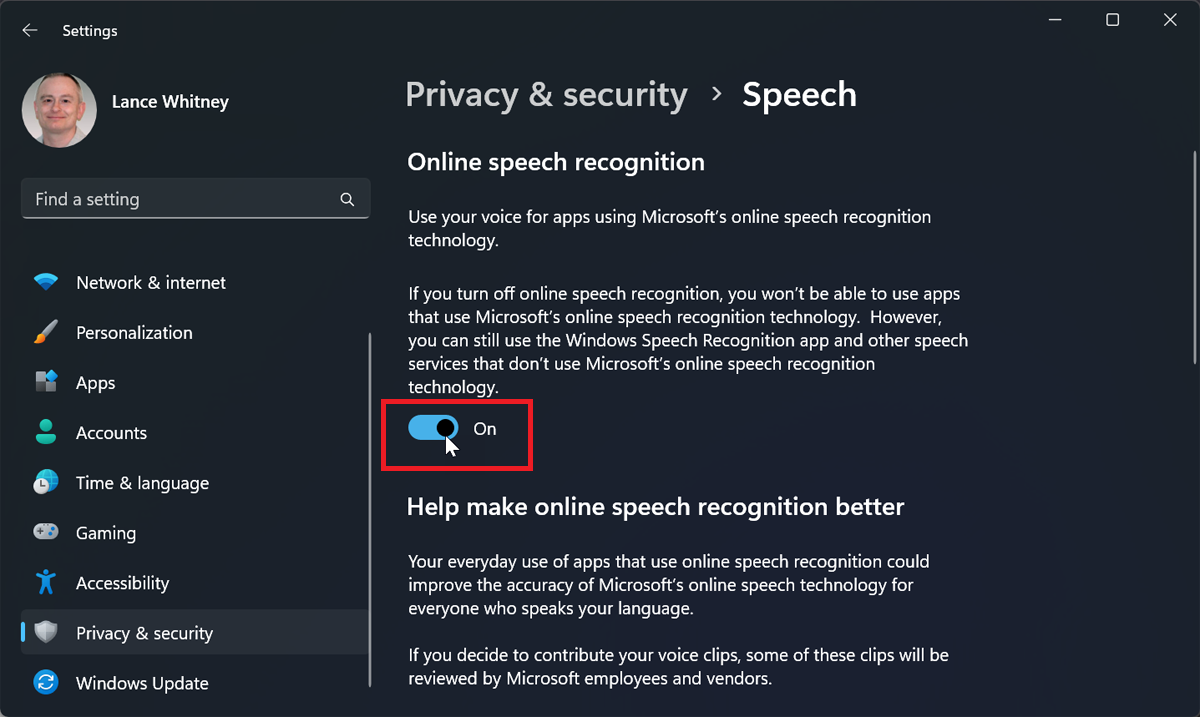 online speech recognition setting in Windows 11