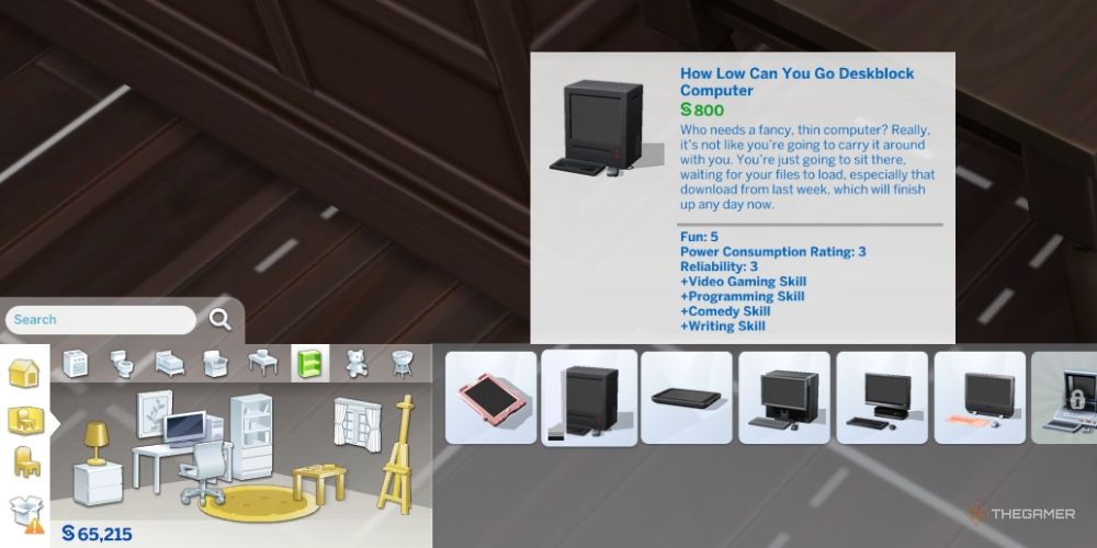 buy menu in The Sims 4 showing available computers, highlighted is the cheapest computer