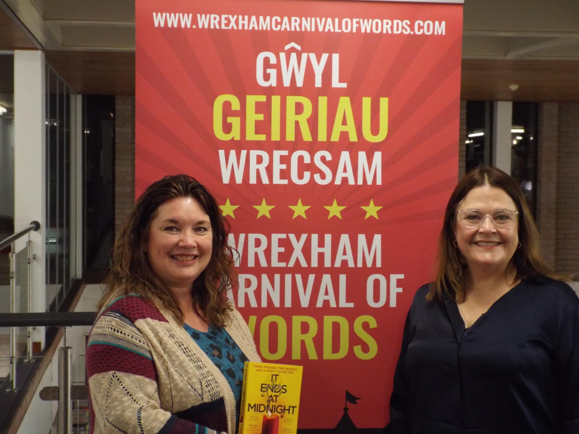Harriet Tyce (right) and host Sue Miller at the launch of the Wrexham Carnival of Words.