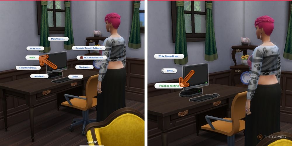 Game hud in The Sims 4 showing which options to select to start sim writing skill
