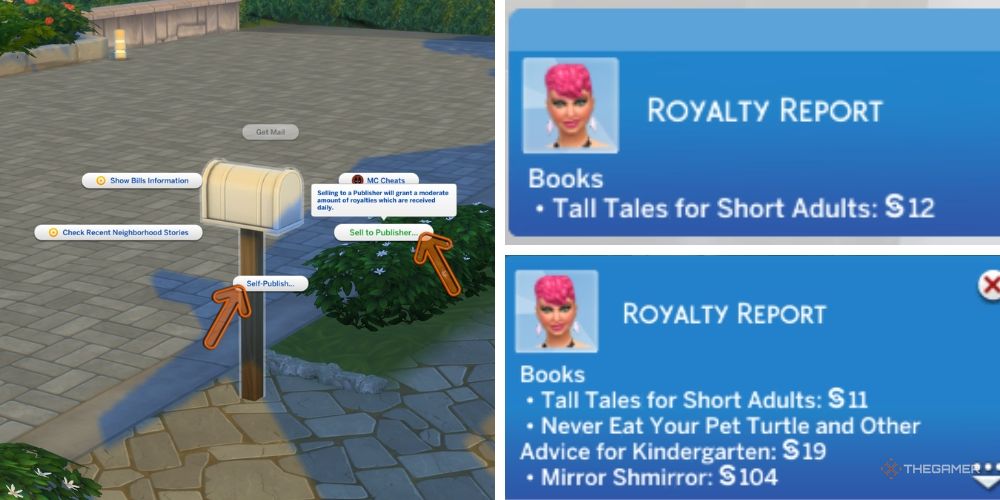 The Sims 4 mailbox with shown options for selling novels, and royalty reports for novels sold