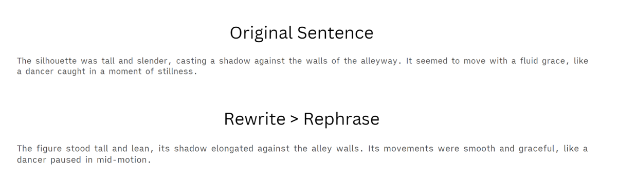 The original sentence generated with Sudowrite compared to the rewritten sentence written with Sudowrite.