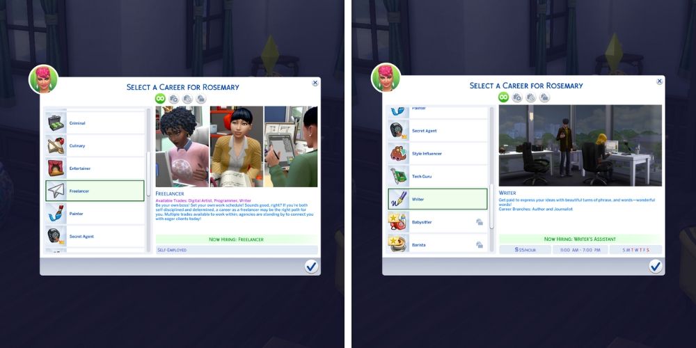 Careers menu in The Sims 4 with writing careers highlighted, Freelancing, Author, and Journalist