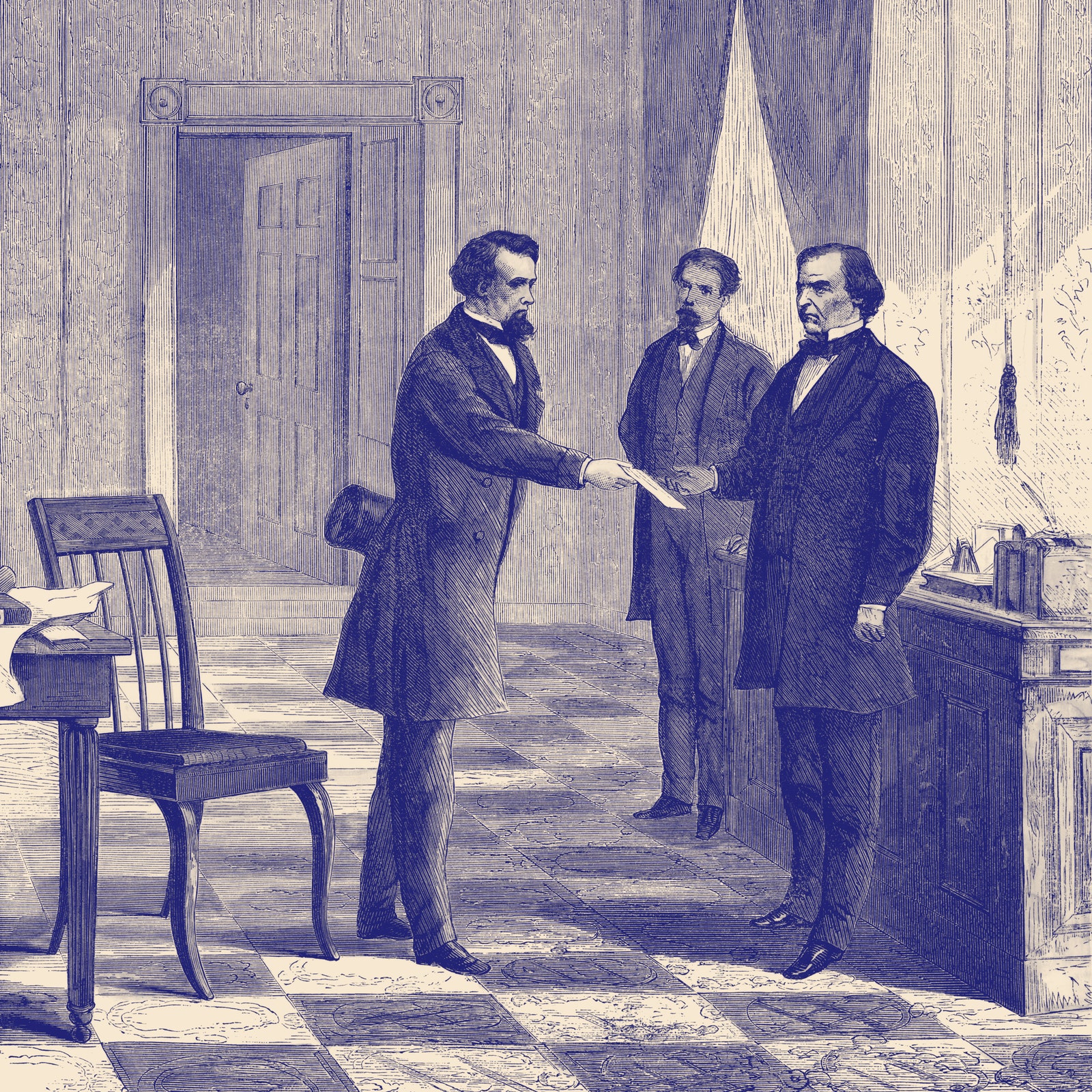 President Andrew Johnson being served an impeachment summons.