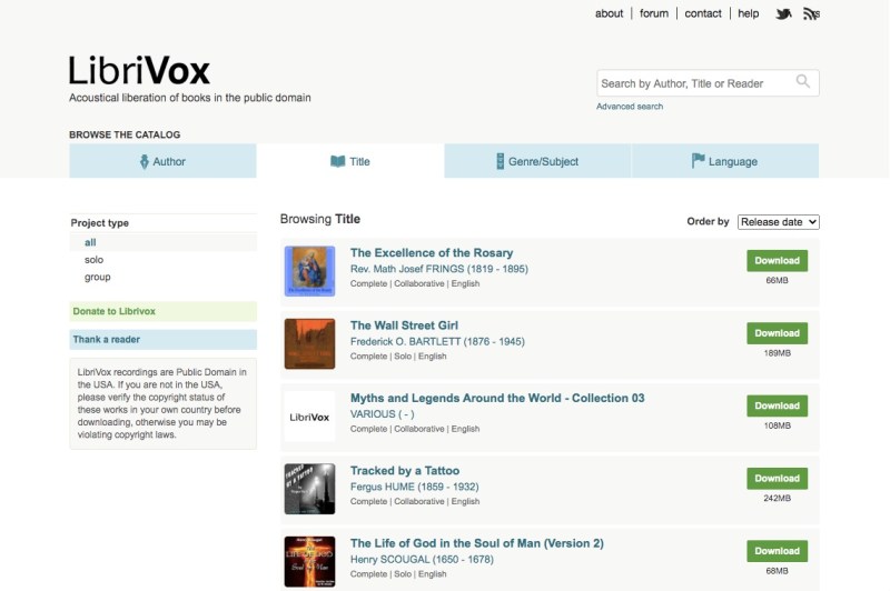 LibriVox homepage featuring free audiobooks