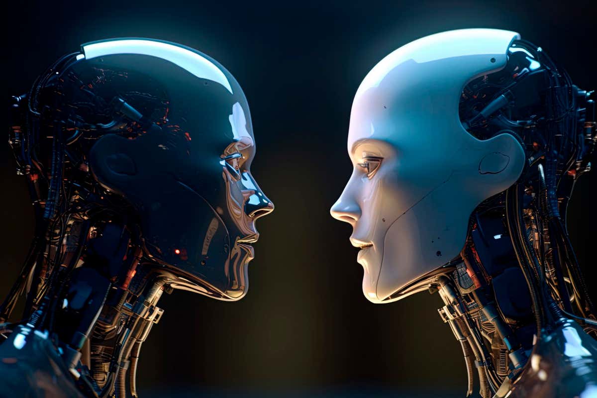 Humanoid robots facing each other, illustration