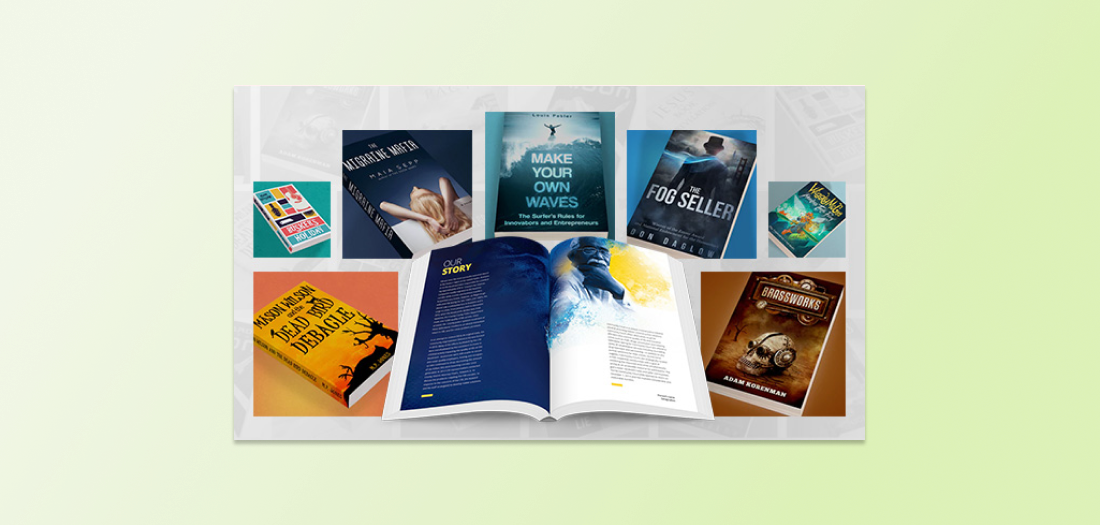 A collage of self-published books, mainly mystery titles, surround an open book with a full-color page.