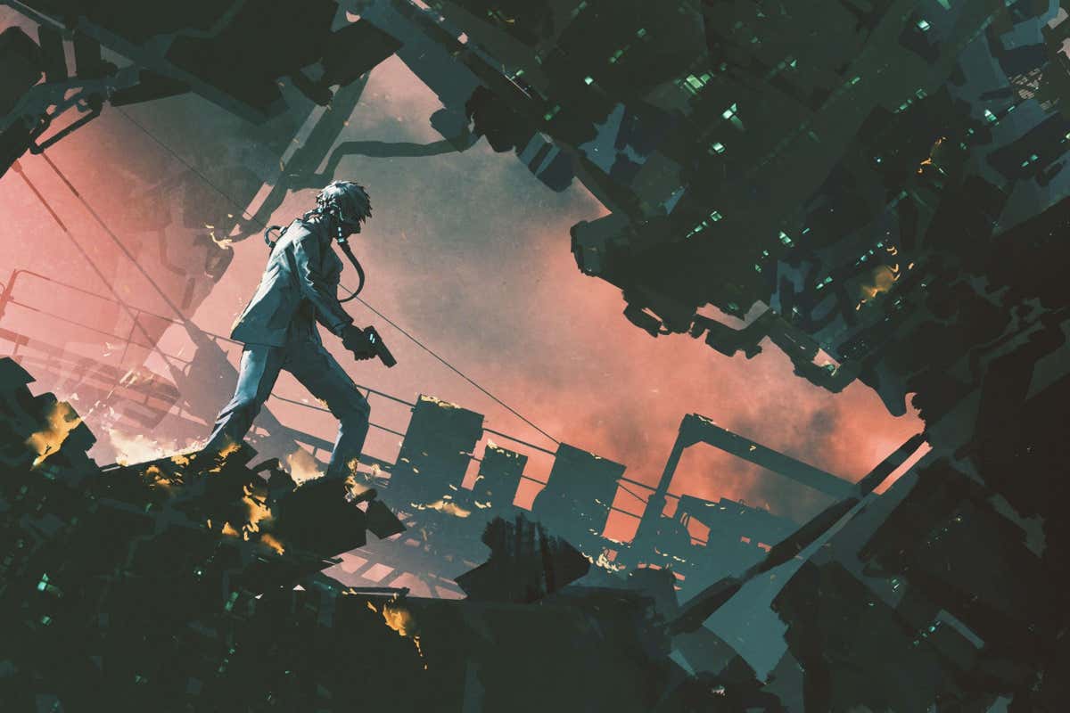 A futuristic man holding a gun in destroyed city