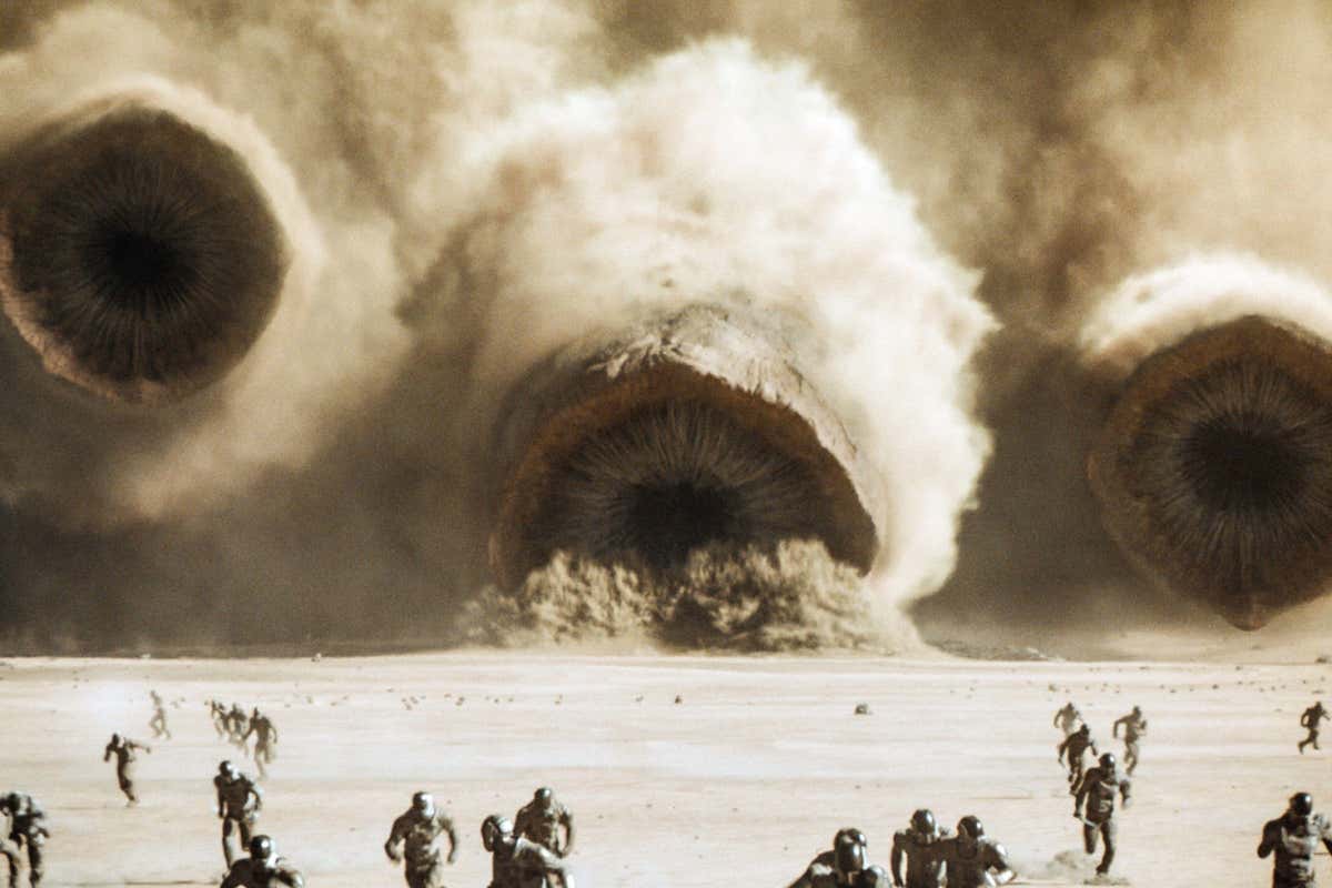 A scene from Dune: Part Two which features sandworms