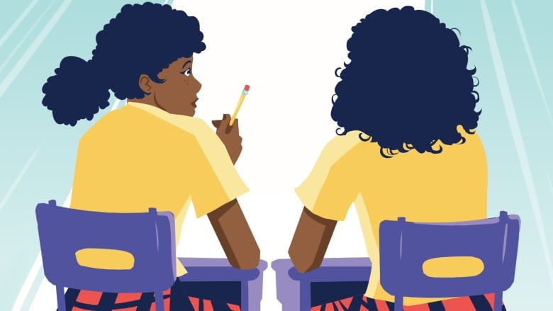 An illustration of two Black girls sitting at school desks with their backs to us