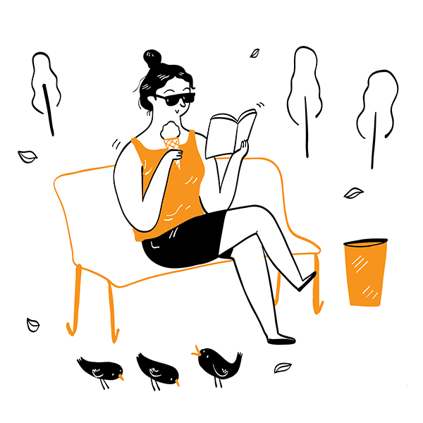 drawing of a woman in a park reading a book and eating ice cream