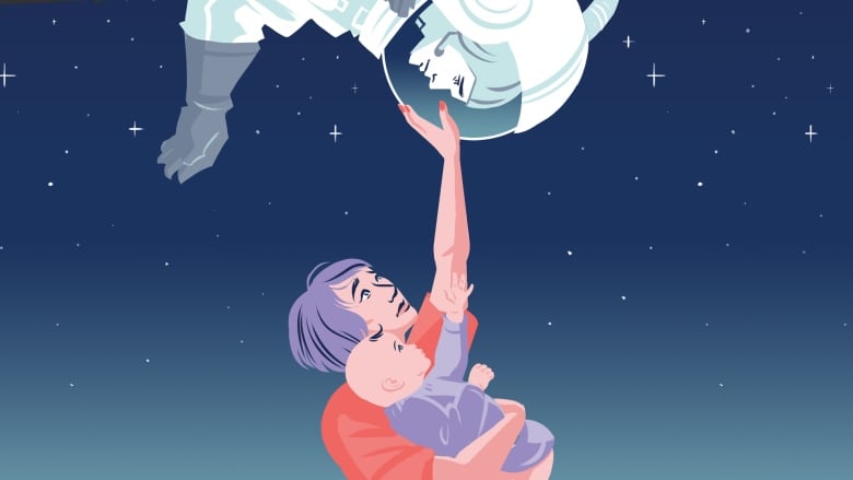 An illustration of a woman holding a baby and trying to reach an astronaut