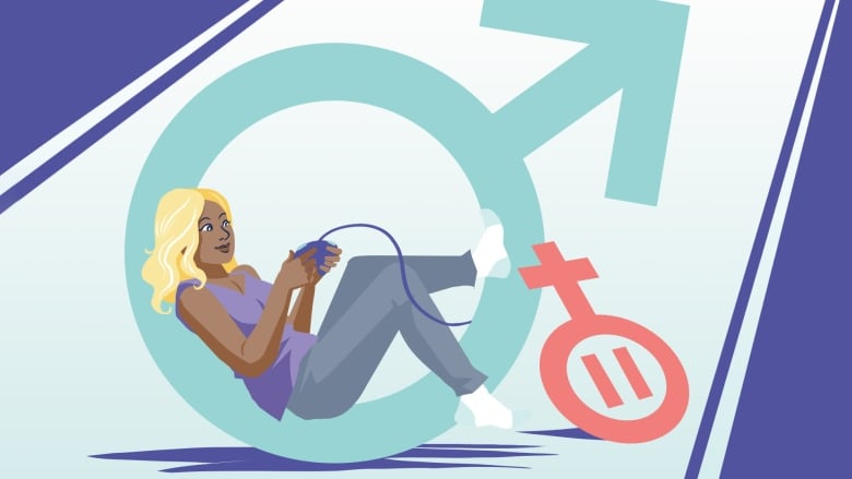 An illustration of a young woman playing video games inside the symbol for man