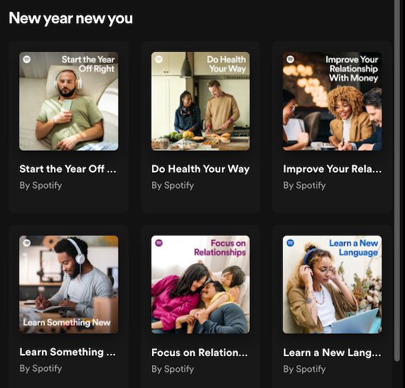 screenshot of New Year, New You playlist offerings of audiobooks on Spotify web app, with categories like 