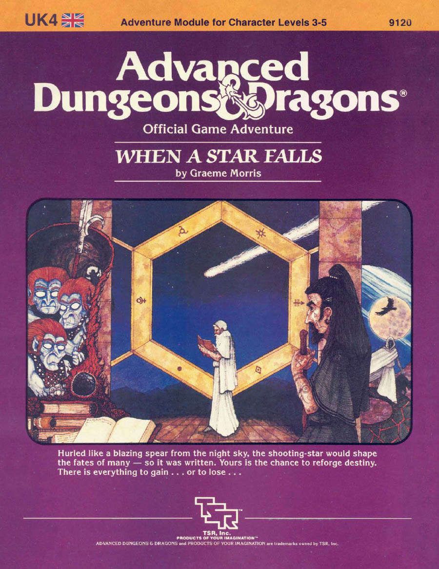 Original cover art for When a Star Falls features a man in a white robe standing before what looks like a Stargate. Another magic user looks on, while red-haired critters lurk in the background.