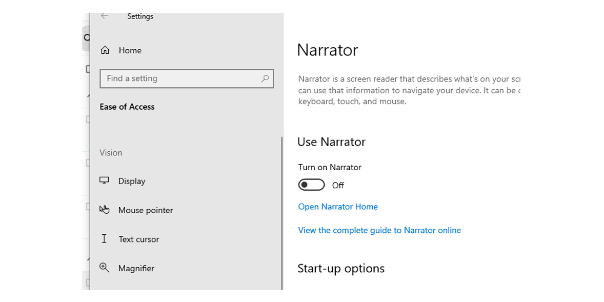 Windows Narrator screen on Windows 10