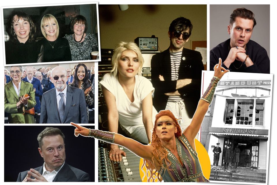 Anti-clockwise from right: Elon Musk; Salman Rushdie; Clodagh Hawe (left) with her sister Jacqueline Connolly and their mother; Deborah Harry and Chris Stein of Blondie;  Mark Mehigan; the Stardust fire of 1981, and wrestler Becky Lynch aka Rebecca Quin
