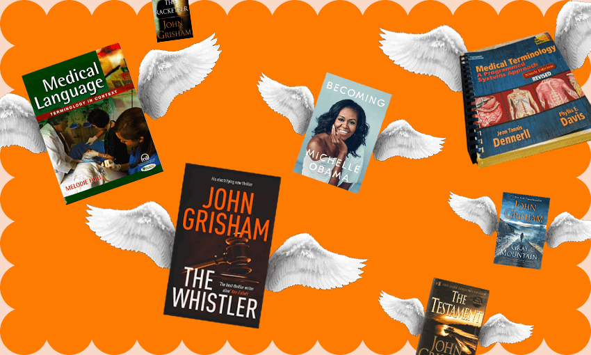 orange backgrounds with john grisham and michelle obama books with angel wings