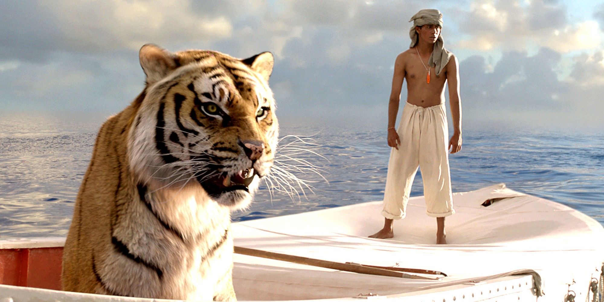 A boy and a tiger on a lifeboat in Life of Pie