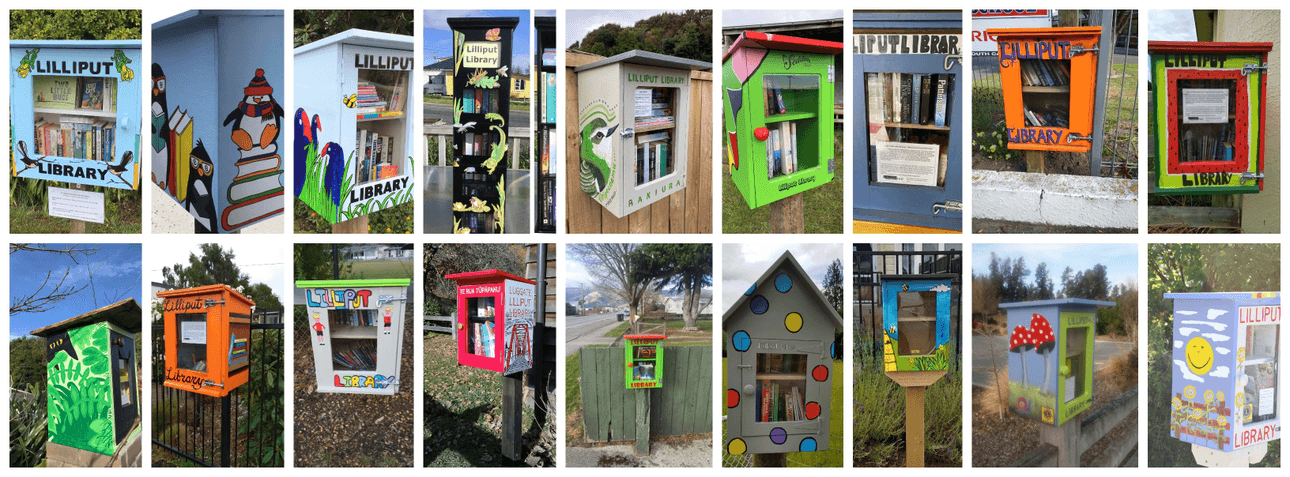 a collage of little brightly painted houses stuffed with books