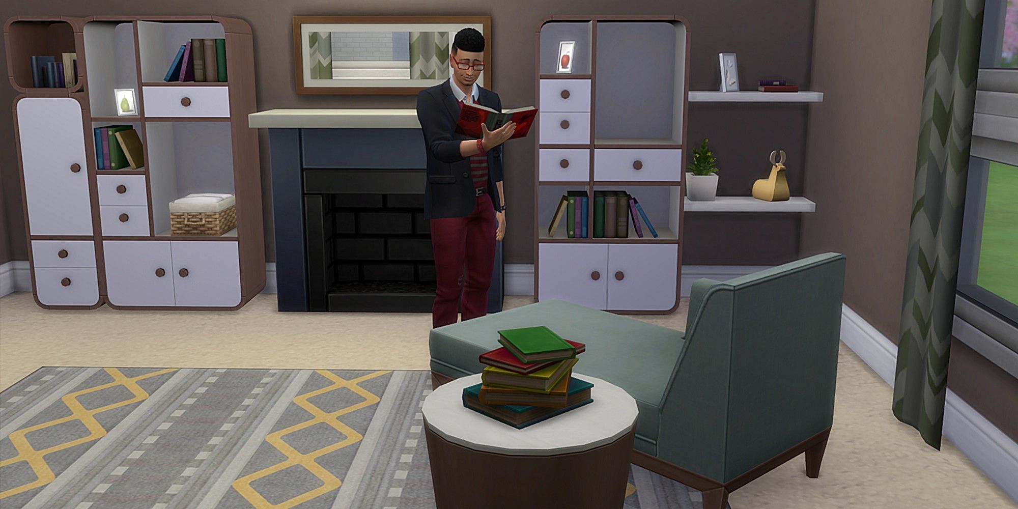 Male Sim reading in The Sims 4