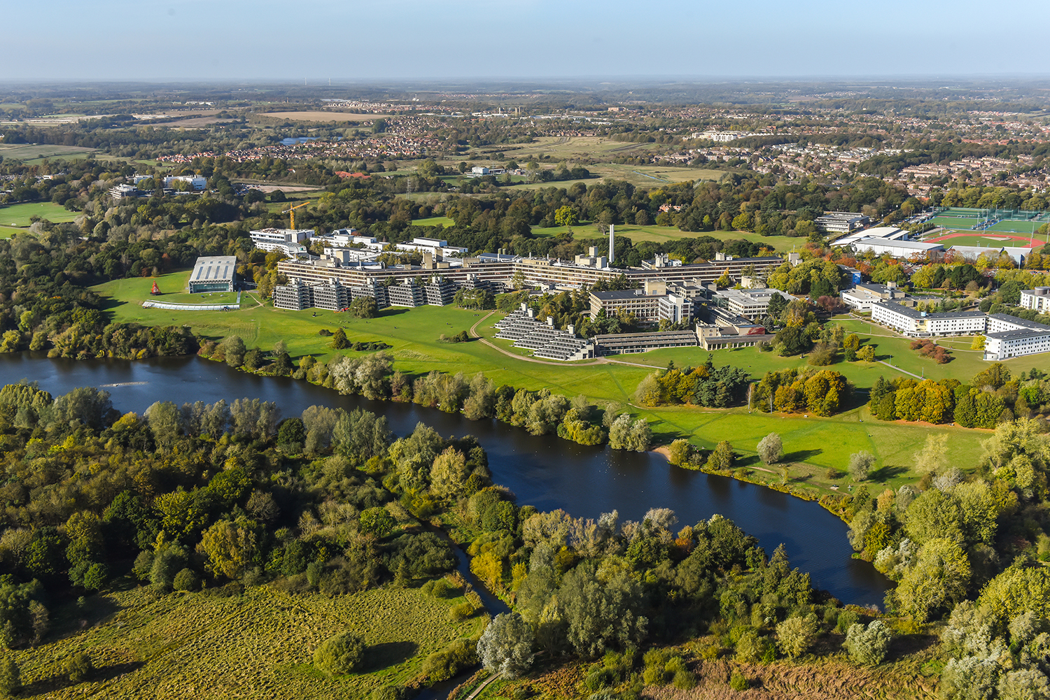 Arial photo of UEA Campus and lake