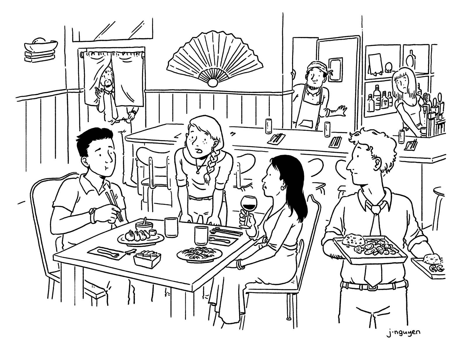 A waiter talks to two people eating at a restaurant.