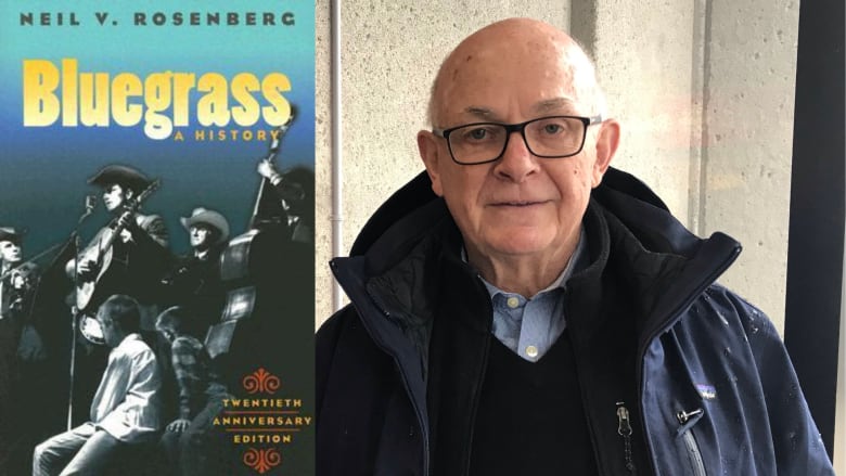 A composite photo of a blue boo kcovr with an illustrated photo of a bluegrass band and the book's author, a bald elderly man with glasses wearing a blue winter jacket.