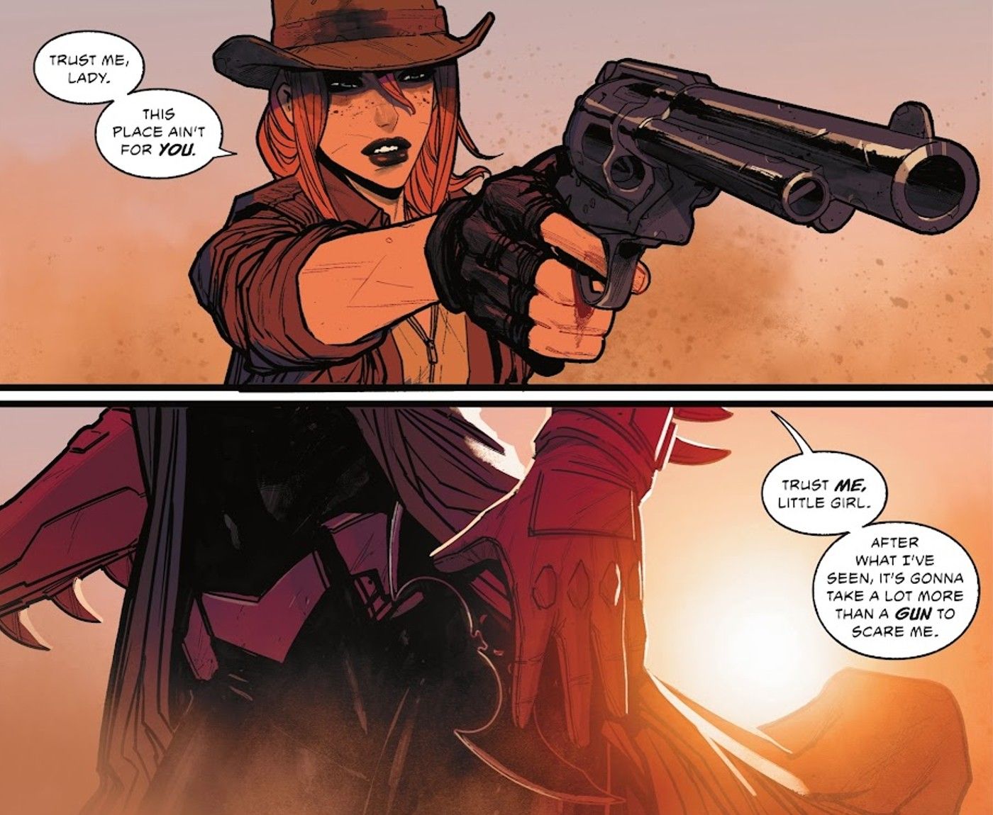 Comic book panels: Jinny Hex points a gun at Batwoman.