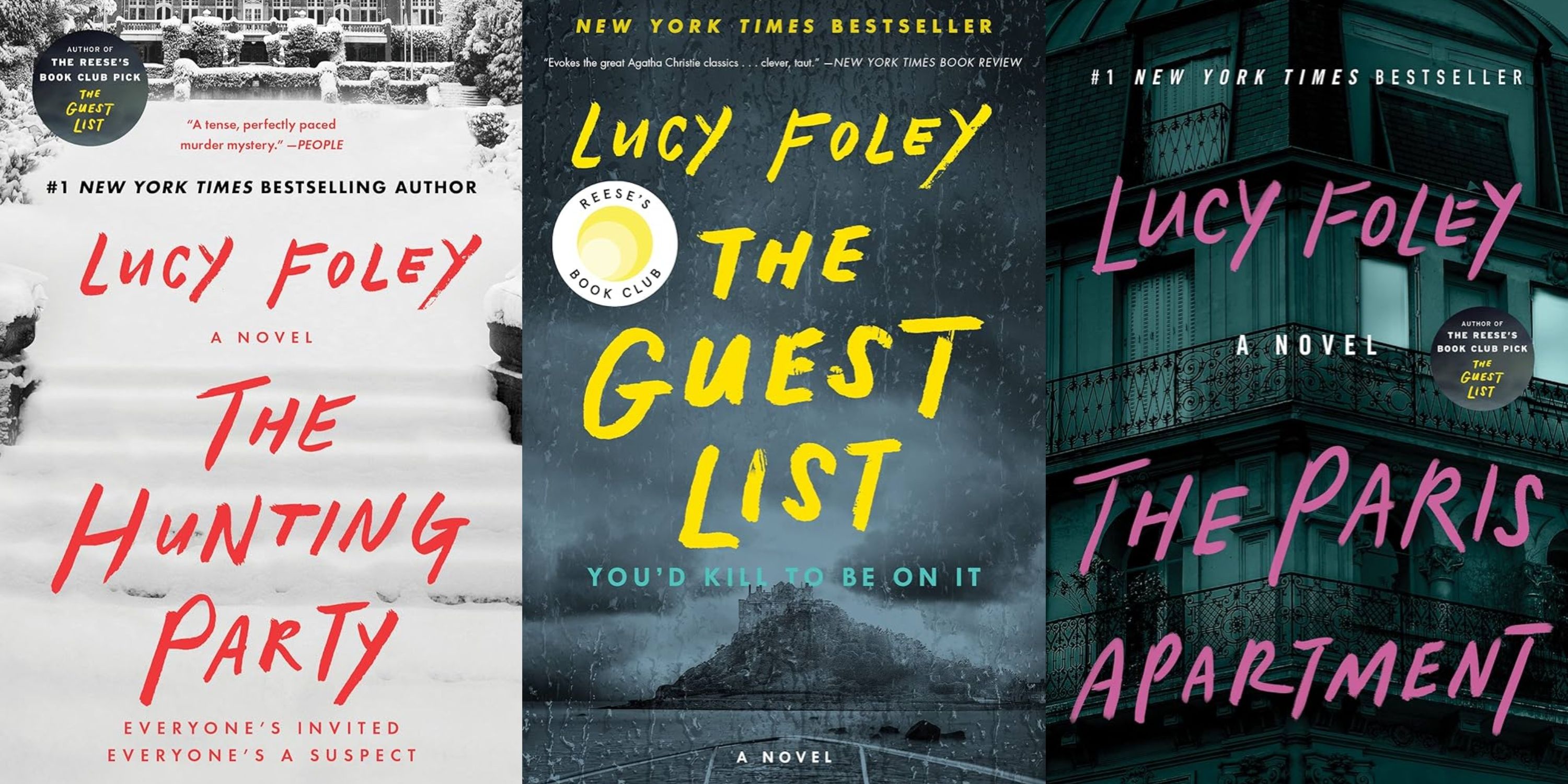 The American covers of The Hunting Party, The Guest List, and THe Paris Apartment by Lucy Foley