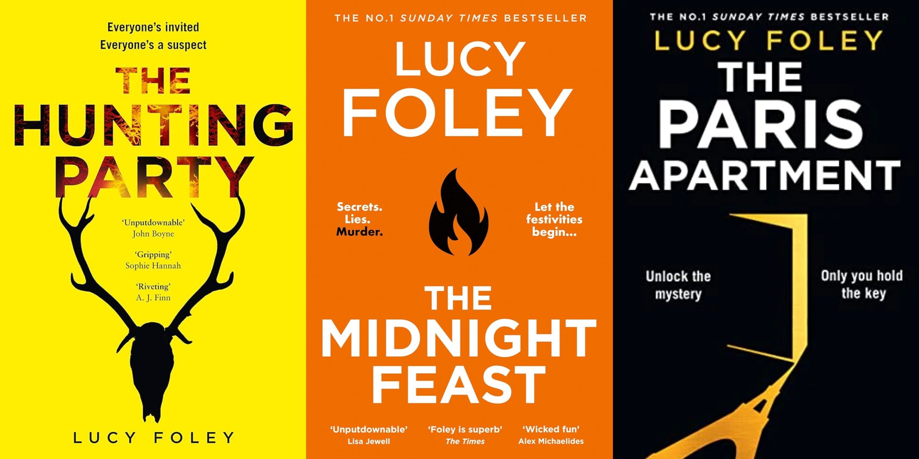 The UK book covers for The Hunting Party, The Midnight Feast, and The Paris Apartment by Lucy Foley
