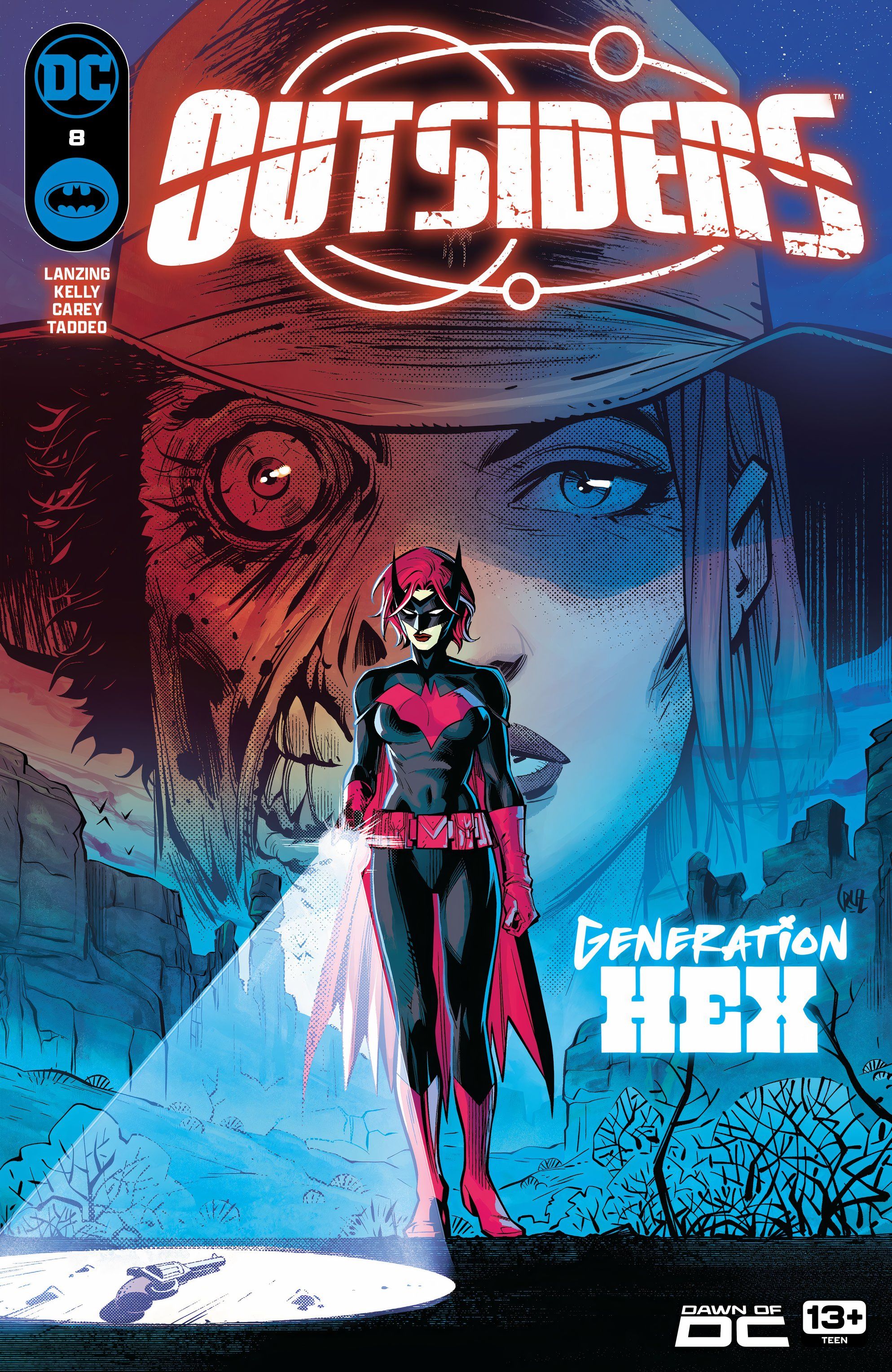 Outsiders 8 Main Cover: Batwoman puts a spotlight on a gun on the ground with a mixed image of Jonah and Jinny Hex behind her.