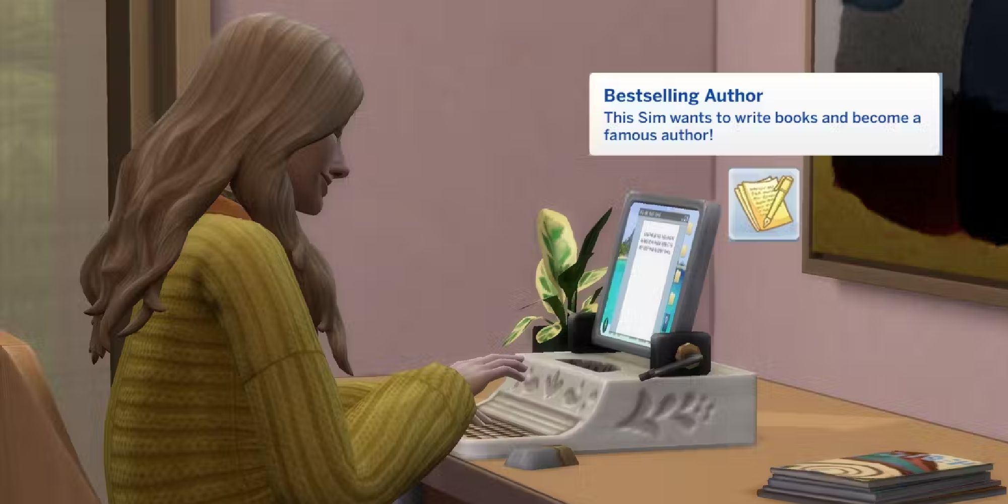 sims 4 bestselling author aspiration png transparent on image of sim at computer