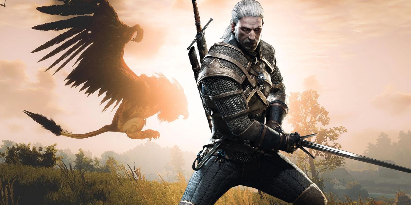 A Griffin attacking in The Witcher 3 alongside Geralt with his sword unsheathed