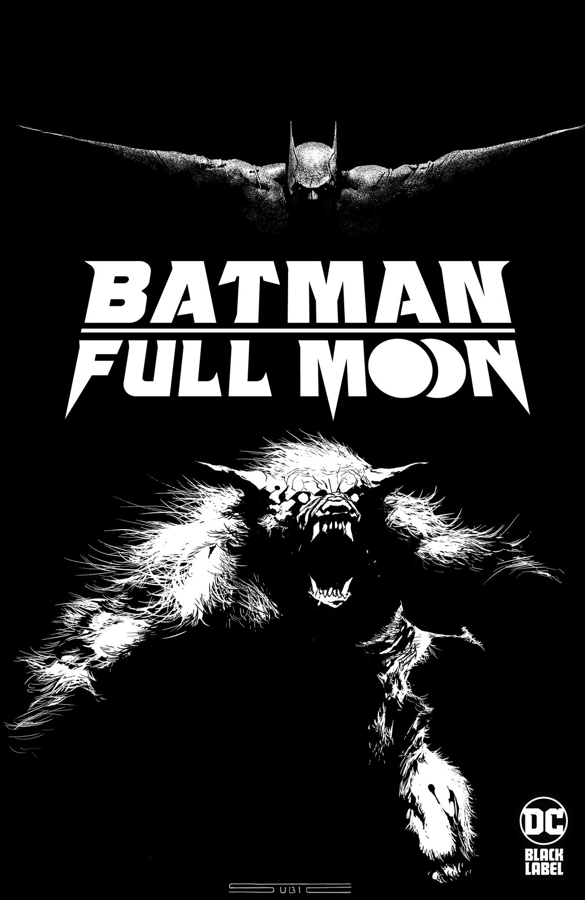 A werewolf snarls as Batman swoops down over him on the cover to Batman: Full Moon.