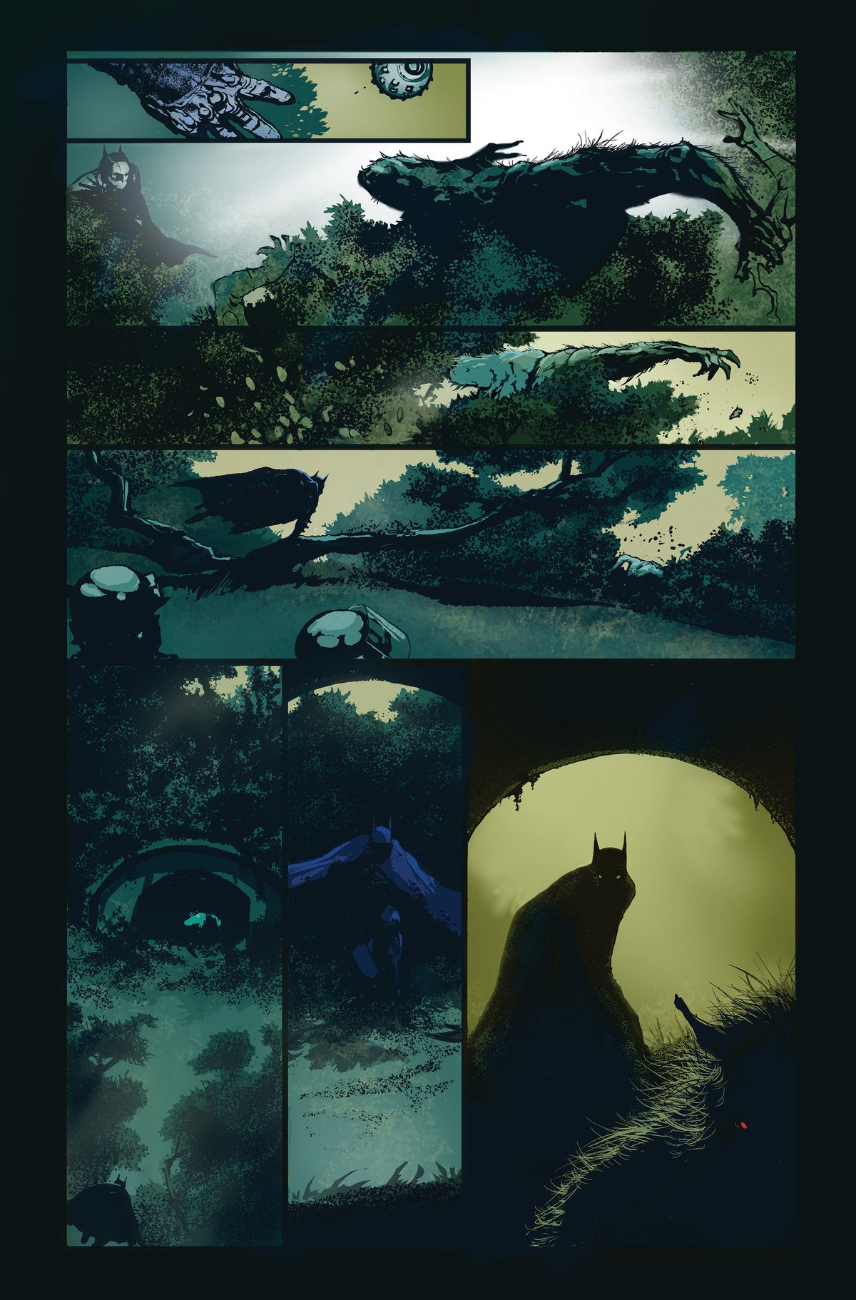 Batman follows a werewolf through a forested area, and down a large, dark storm drain.