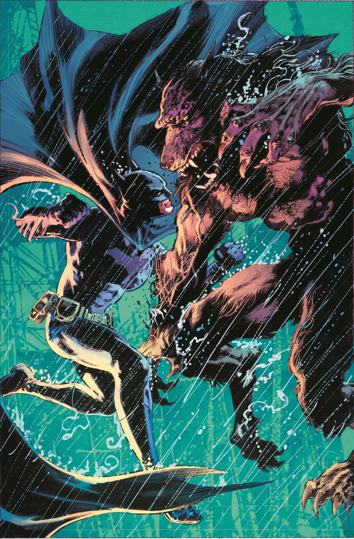 Batman battles a werewolf in the rain on a variant cover for Batman: Full Moon.