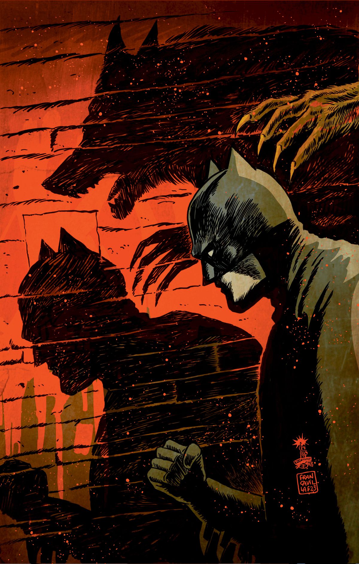A werewolf reaches for an unaware Batman, both their shadows thrown on a brick wall behind them in a variant cover for Batman: Full Moon.