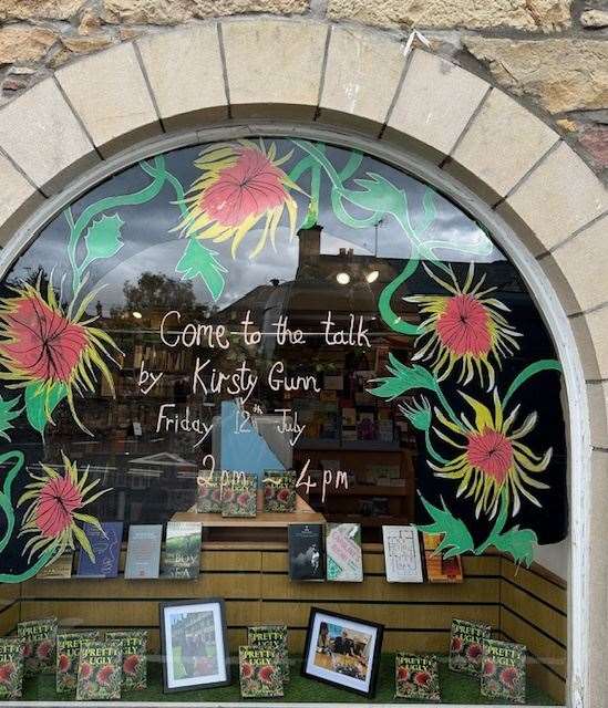 The Dornoch Bookshop window display for the author event.