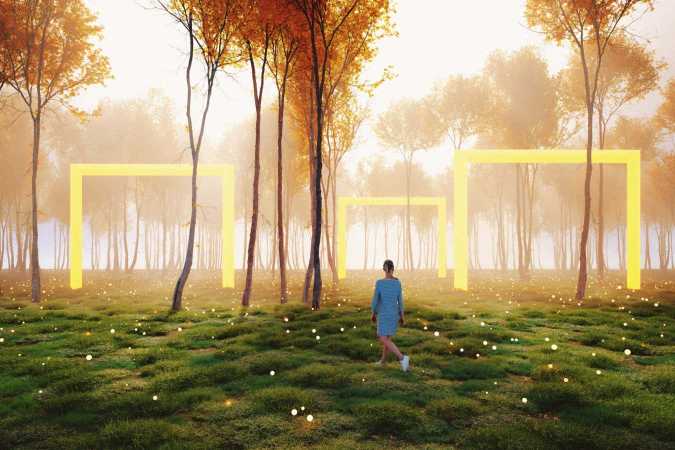 Woman walking in fantasy forest. 3D generated image.