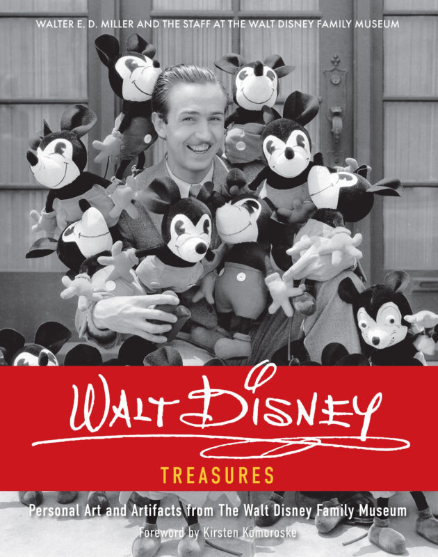 A man surrounded by various Mickey Mouse stuffed toys is featured on the cover of a new book titled "Walt Disney Treasures: Personal Art and Artifacts from The Walt Disney Family Museum" celebrating the 15-year anniversary of the beloved museum.