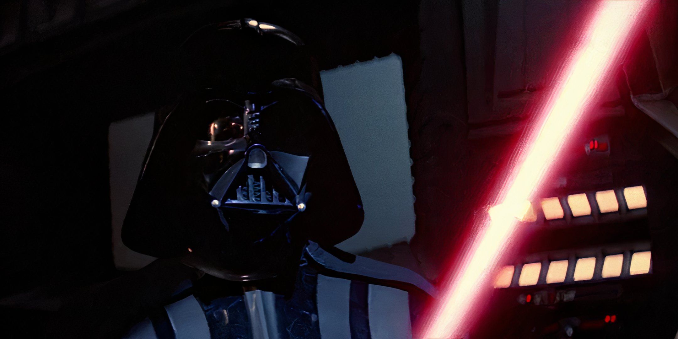 Close up of Darth Vader with his red lightsaber drawn in Return of the Jedi