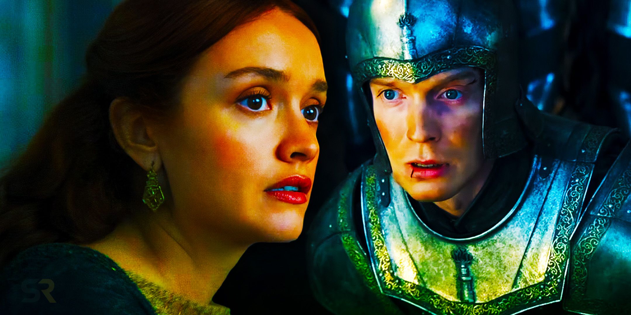 Olivia Cooke as Alicent Hightower and Freddie Fox as Gwayne Hightower in armor in House of the Dragon season 2