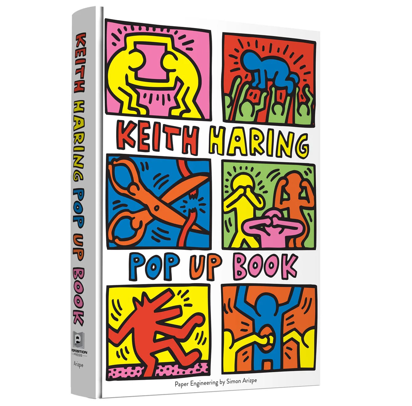 the cover of the book 'Keith Haring Pop Up Book' with a grid of six images featuring cartoonish figures interacting