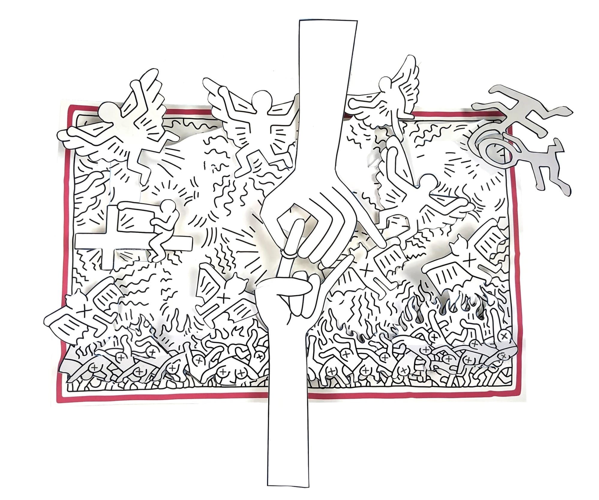 a pop-up paper spread from a pop-up book of artwork by Keith Haring, this piece depicting a black-and-white outlined artwork of two hands reaching across a plane with other figures in the background like angels and bats