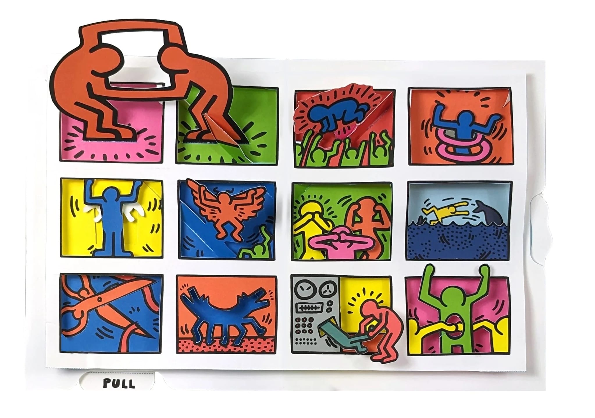 a pop-up paper spread from a pop-up book of artwork by Keith Haring, this piece depicting a grid of 12 smaller, cartoon images with scenes of angels and people interacting