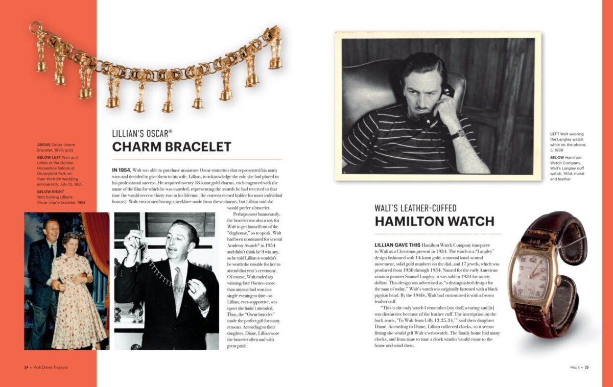 A page spread detailing a charm bracelet from 1934, including a photo of a woman holding an Oscar, a watch with a leather cuff, and a black-and-white photo of Walt Disney in celebration of the Family Museum's 15 Year Anniversary.