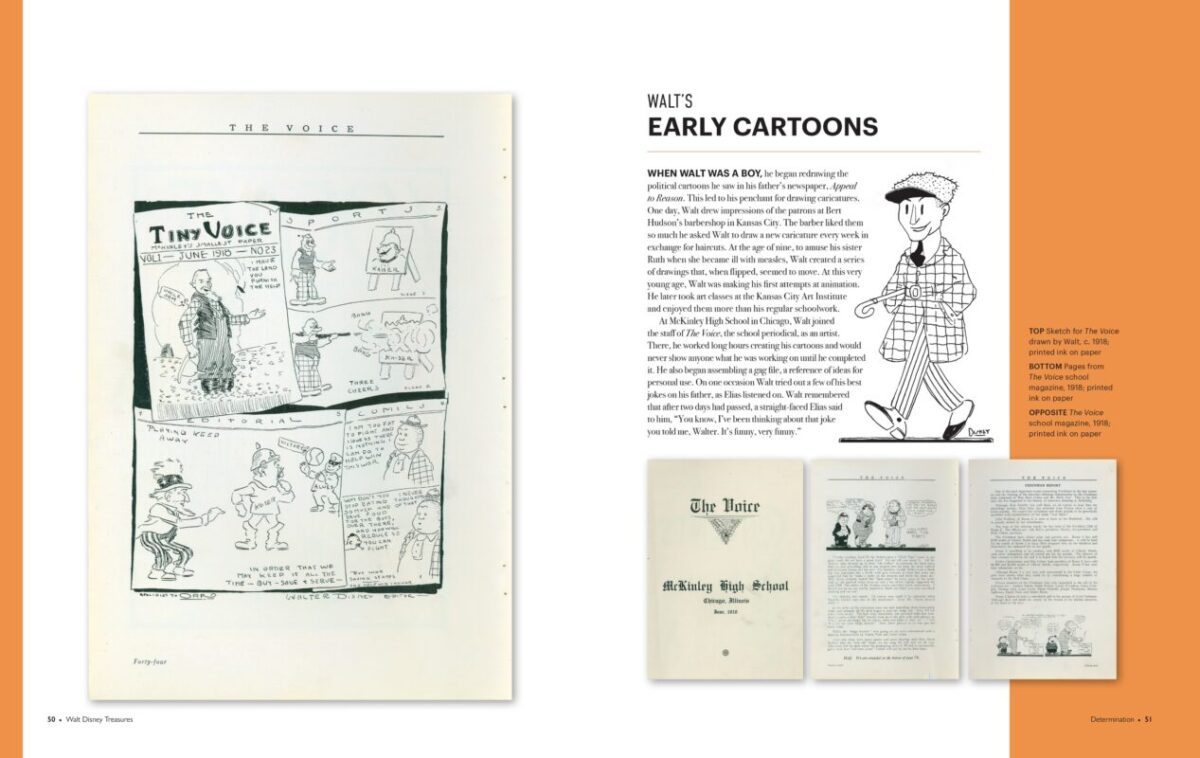 A vintage comic strip and newspaper excerpt on the left, featuring a cartoon boy and other characters. On the right, a text discussing early cartoons and a black-and-white sketch of a boy in a hat.