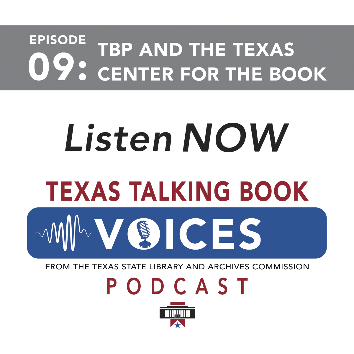 Logo of Texas Talking Book Voices Podcast with red and blue lettering a box with sound wave lines and an image of a stand alone microphone.